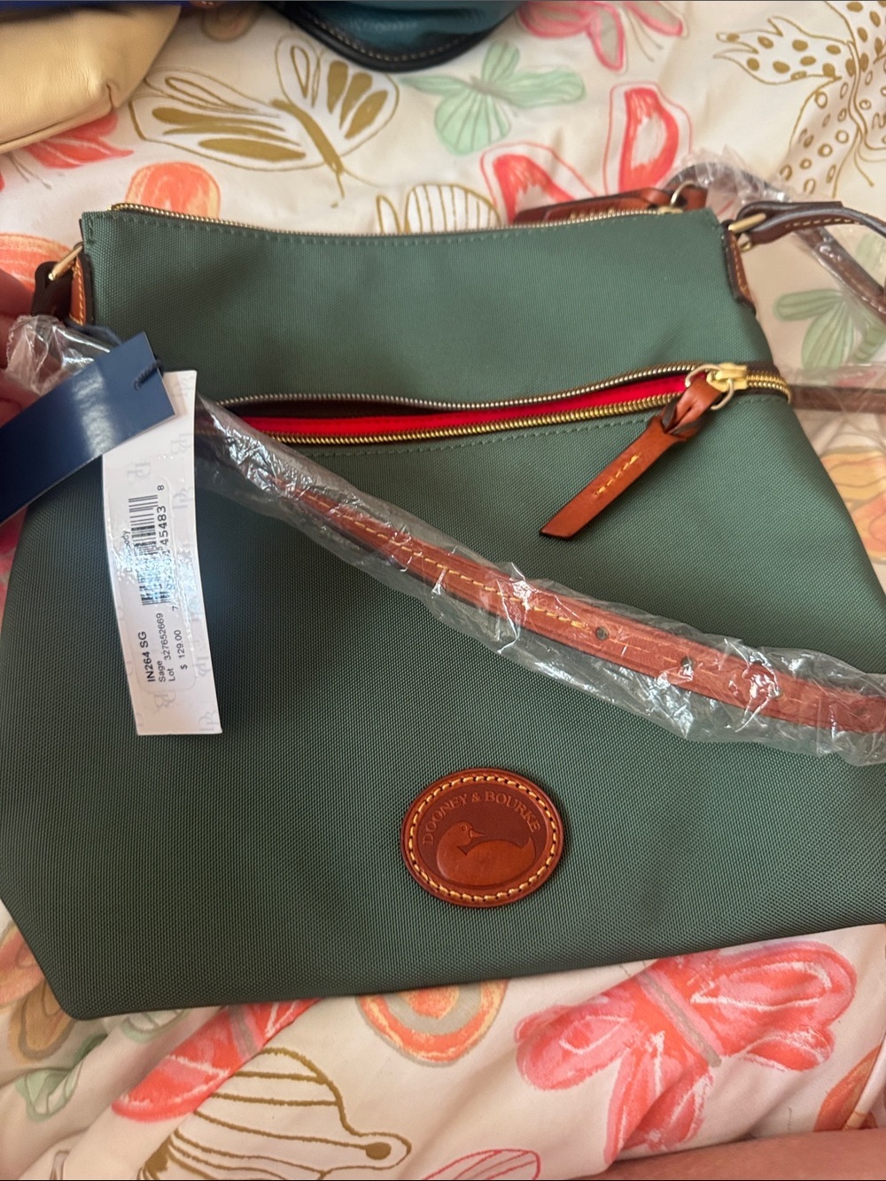 Dooney & Bourke Green Crossbody with Brown Leather Trim and Red Zip Accent